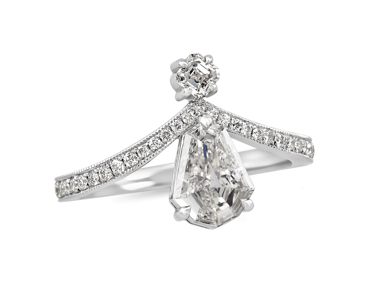 Chevron Shaped Pave Ring with Kite Shaped Diamond
